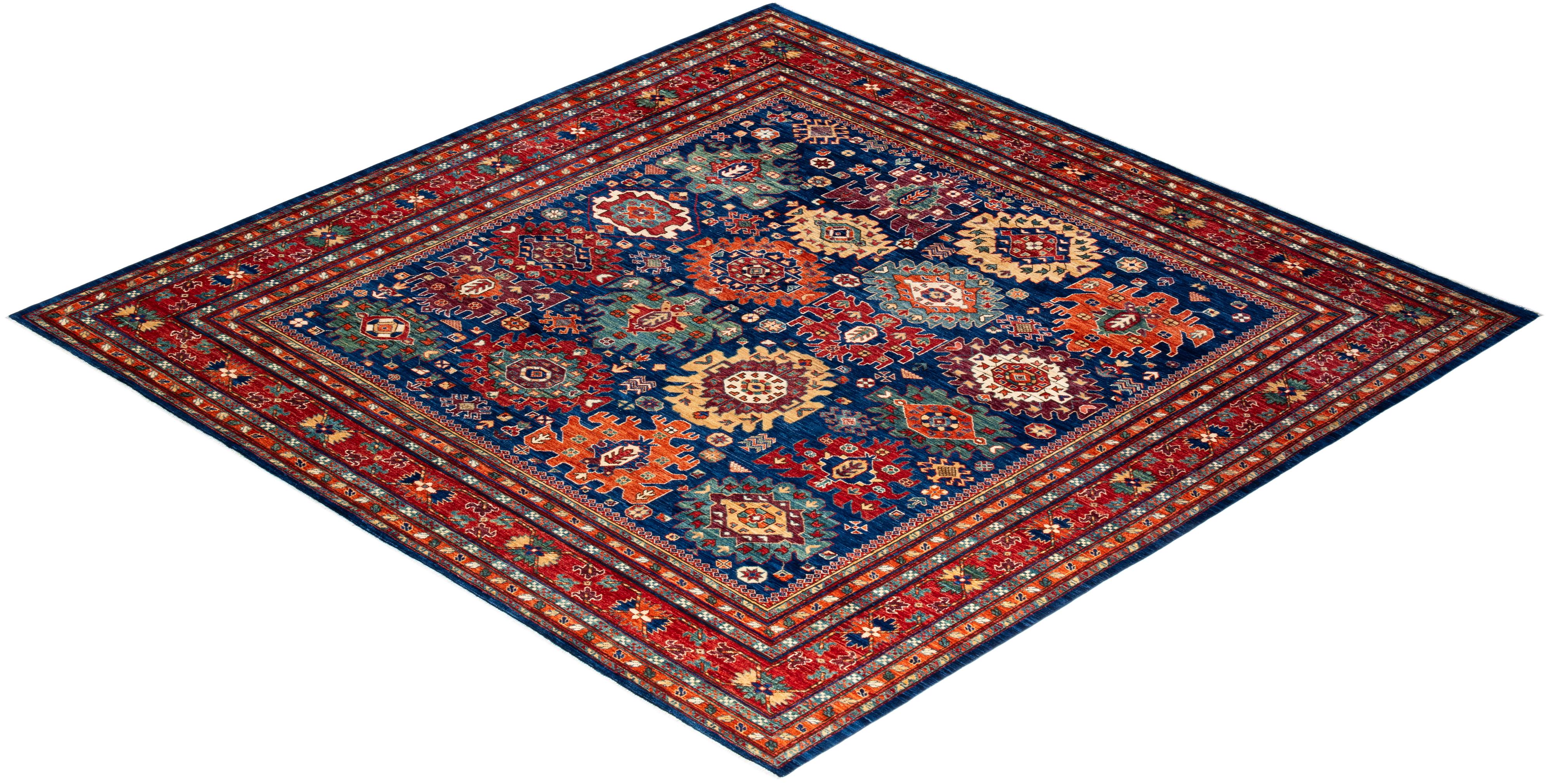 One of a Kind Hand Knotted Traditional Tribal Serapi Blue Square Area Rug For Sale 2