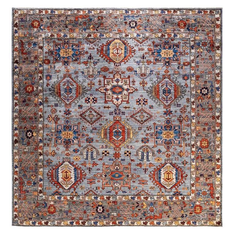 One of a Kind Hand Knotted Traditional Tribal Serapi Grey Square Area ...