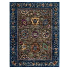 One of a Kind Hand Knotted Traditional Tribal Serapi Green Area Rug