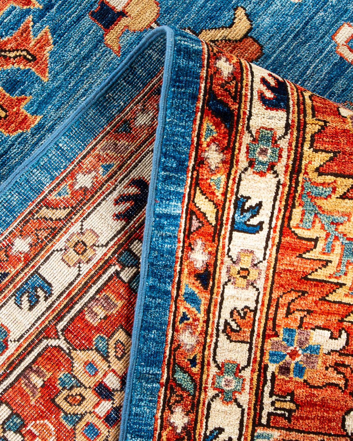 Wool One of a Kind Hand Knotted Traditional Tribal Serapi Light Blue Area Rug