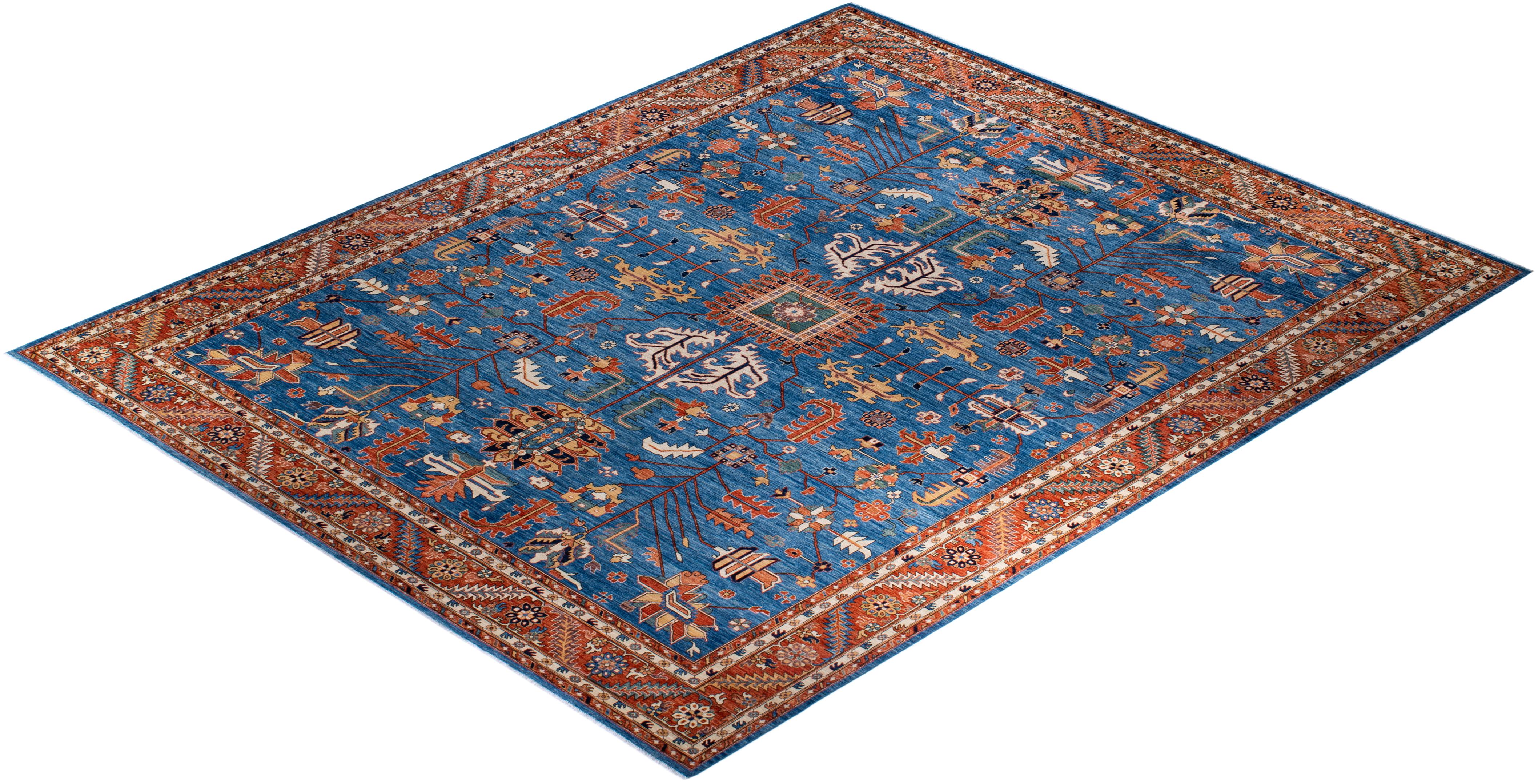 One of a Kind Hand Knotted Traditional Tribal Serapi Light Blue Area Rug For Sale 2
