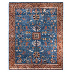 One of a Kind Hand Knotted Traditional Tribal Serapi Light Blue Area Rug