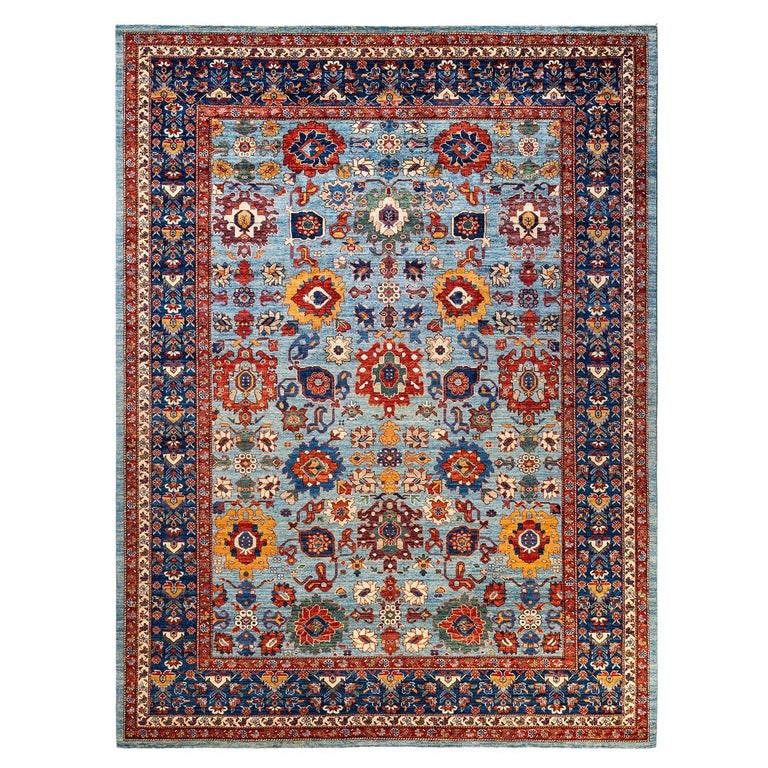 Light Traditional Rug One of a Kind Hand Knotted Traditional Tribal Serapi Light Blue Area ...