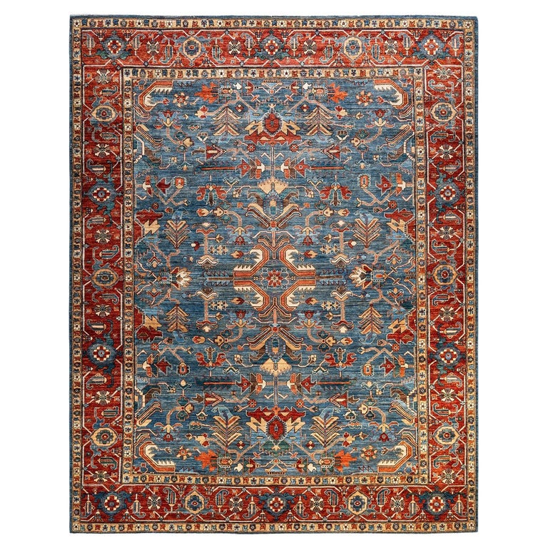 Light Traditional Rug One of a Kind Hand Knotted Traditional Tribal Serapi Light Blue Area ...