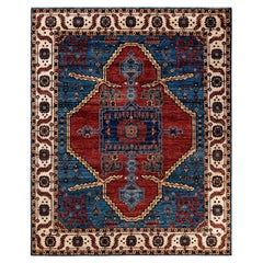 One of a Kind Hand Knotted Traditional Tribal Serapi Light Blue Area Rug