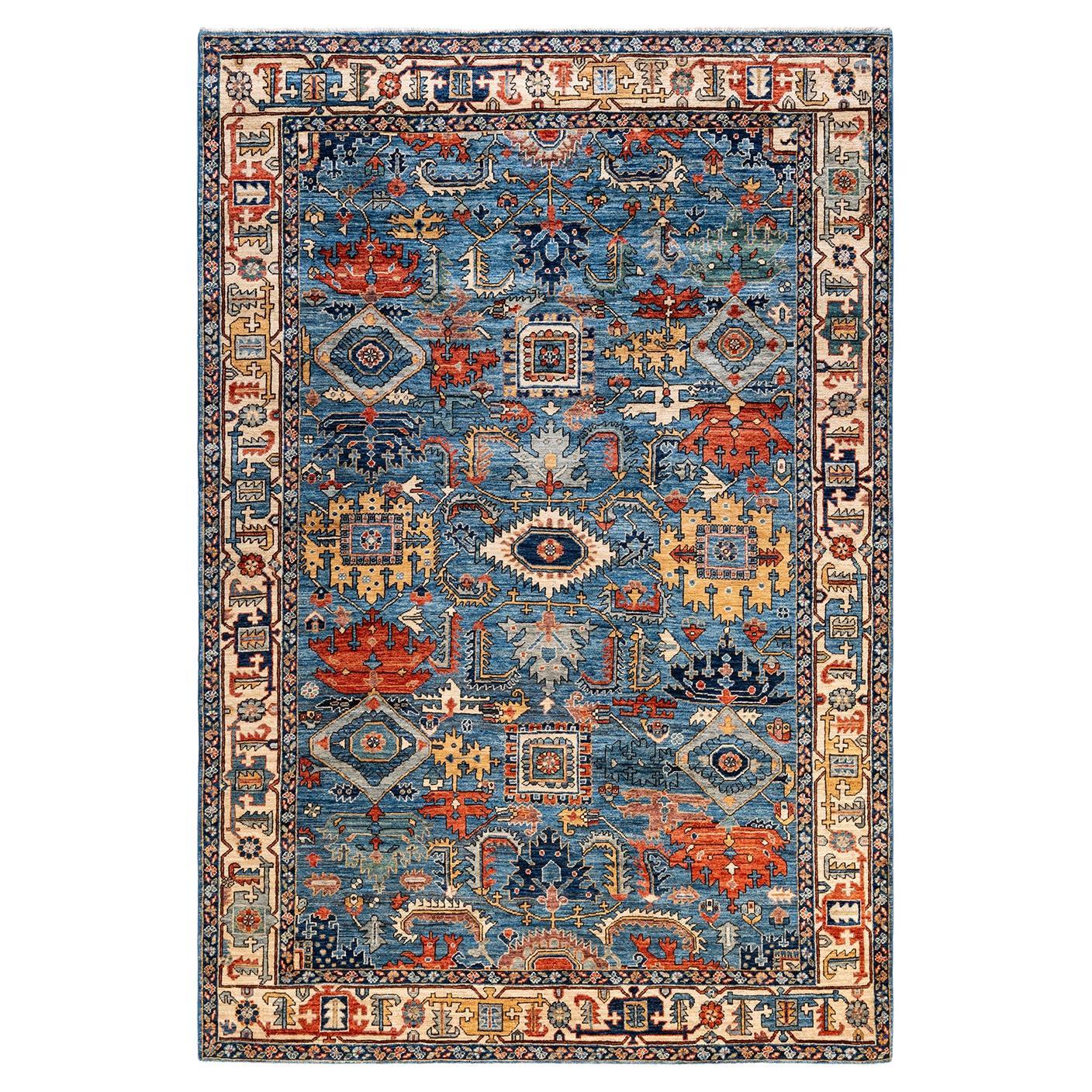 One of a Kind Hand Knotted Traditional Tribal Serapi Light Blue Area