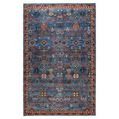 One of a Kind Hand Knotted Traditional Tribal Serapi Light Blue Area Rug