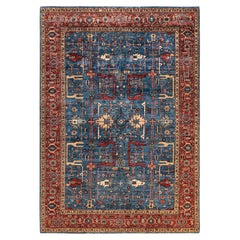 One of a Kind Hand Knotted Traditional Tribal Serapi Light Blue Area Rug