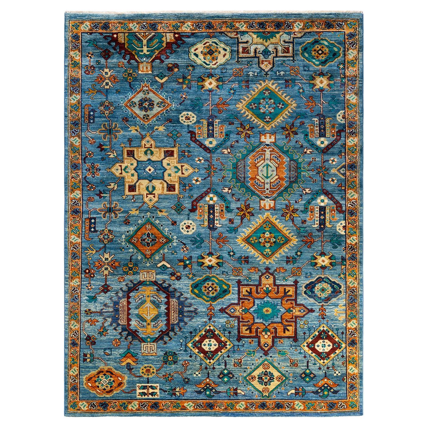 One of a Kind Hand Knotted Traditional Tribal Serapi Light Blue Area