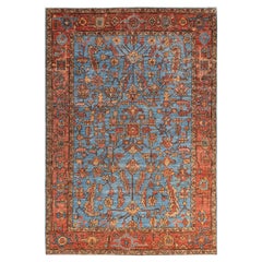 One of a Kind Hand Knotted Traditional Tribal Serapi Light Blue Area Rug
