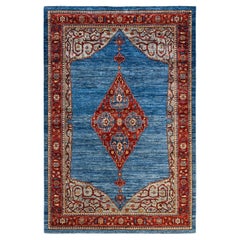 One of a Kind Hand Knotted Traditional Tribal Serapi Light Blue Area Rug
