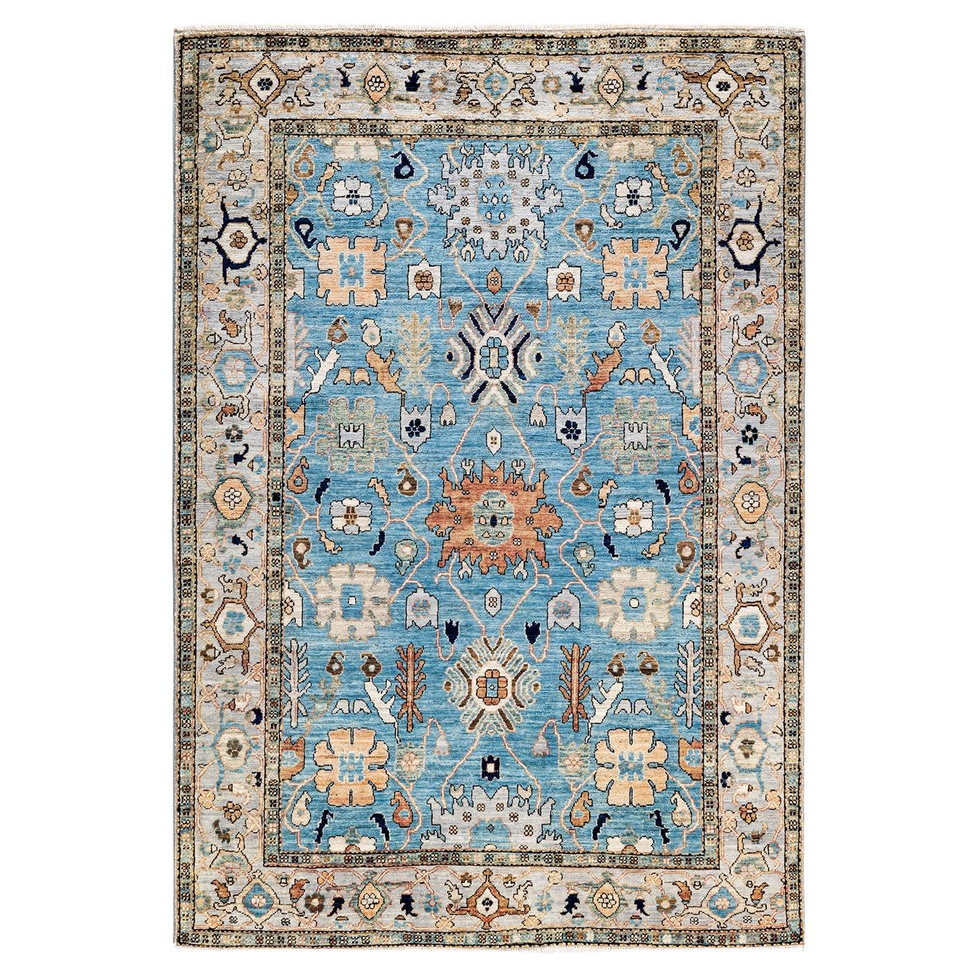 One of a Kind Hand Knotted Traditional Tribal Serapi Light Blue Area