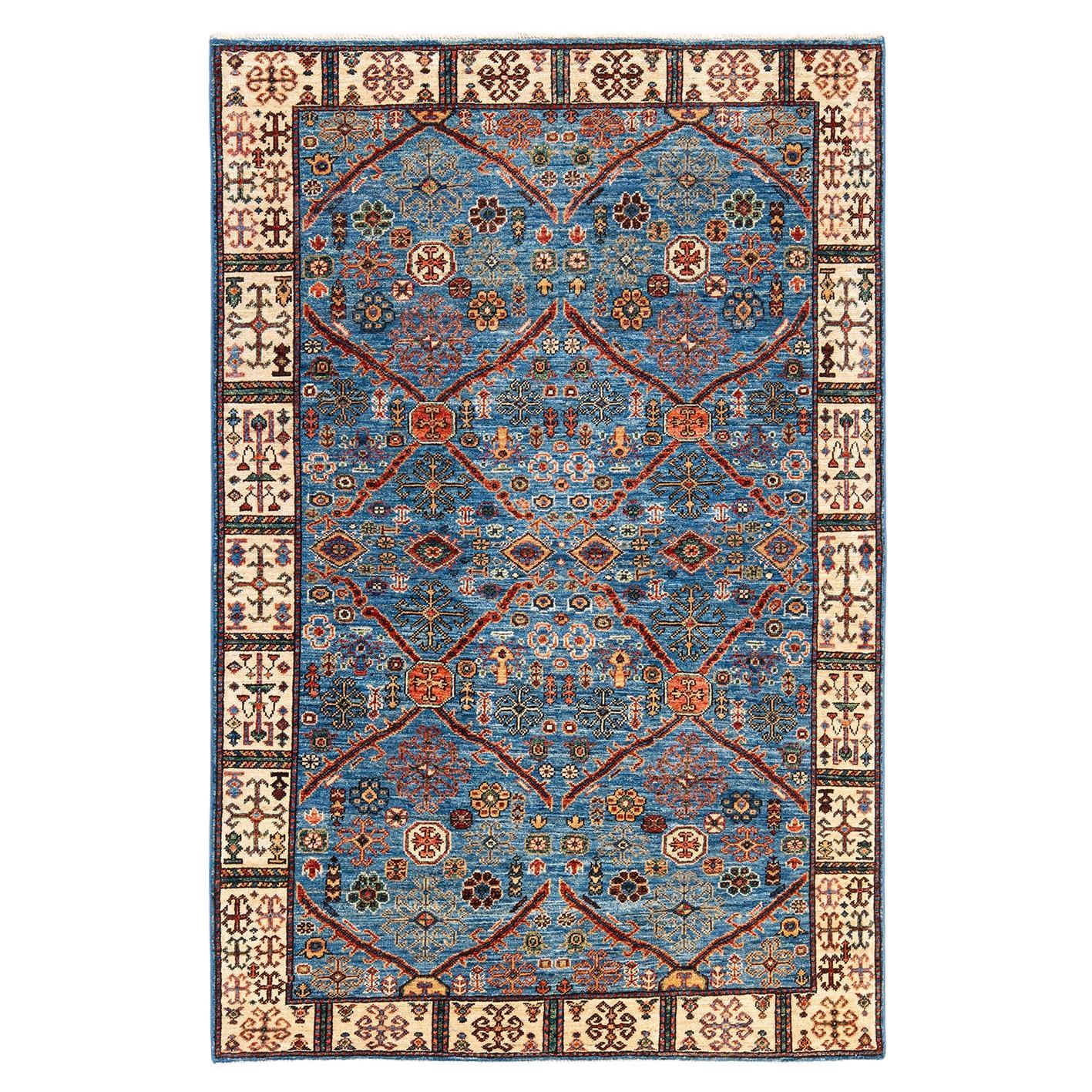 One of a Kind Hand Knotted Traditional Tribal Serapi Light Blue Area