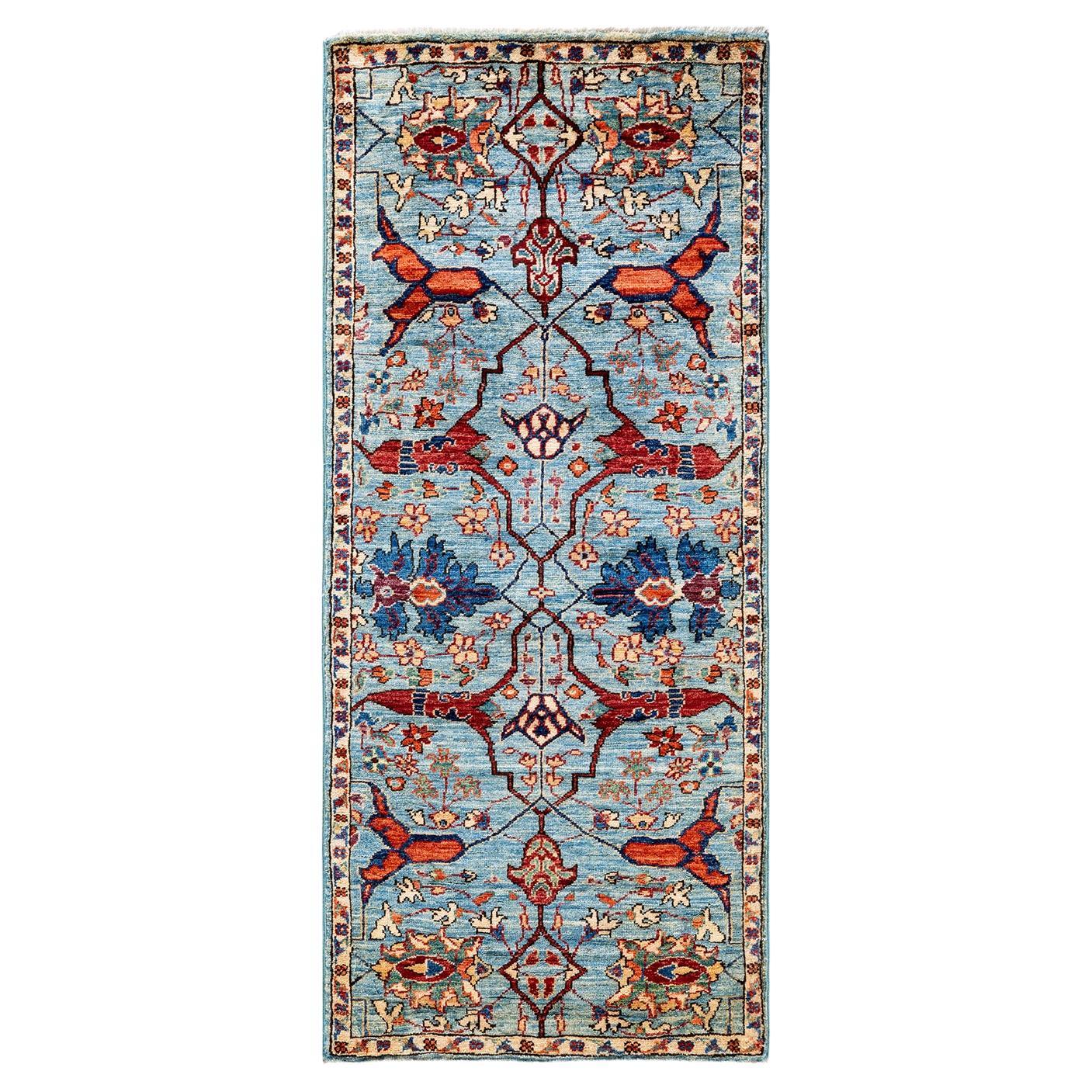 One of a Kind Hand Knotted Traditional Tribal Serapi Light Blue Area