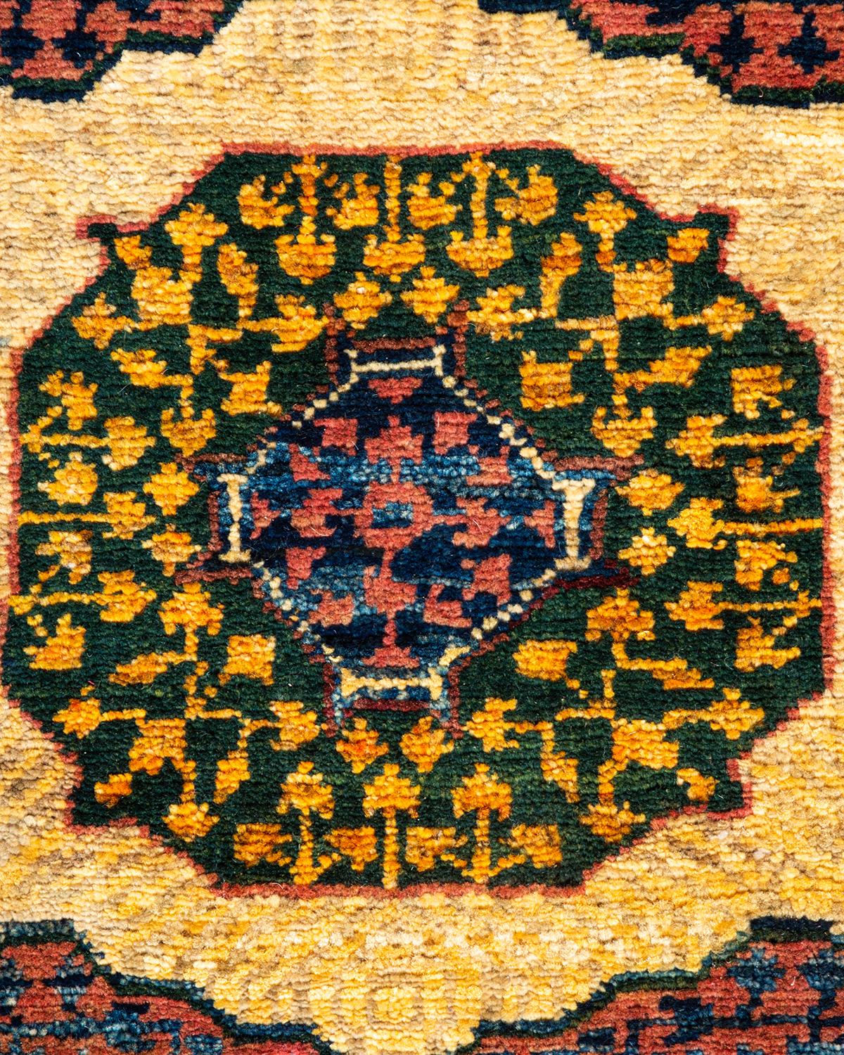 Pakistani One of a Kind Hand Knotted Traditional Tribal Serapi Yellow Area Rug For Sale