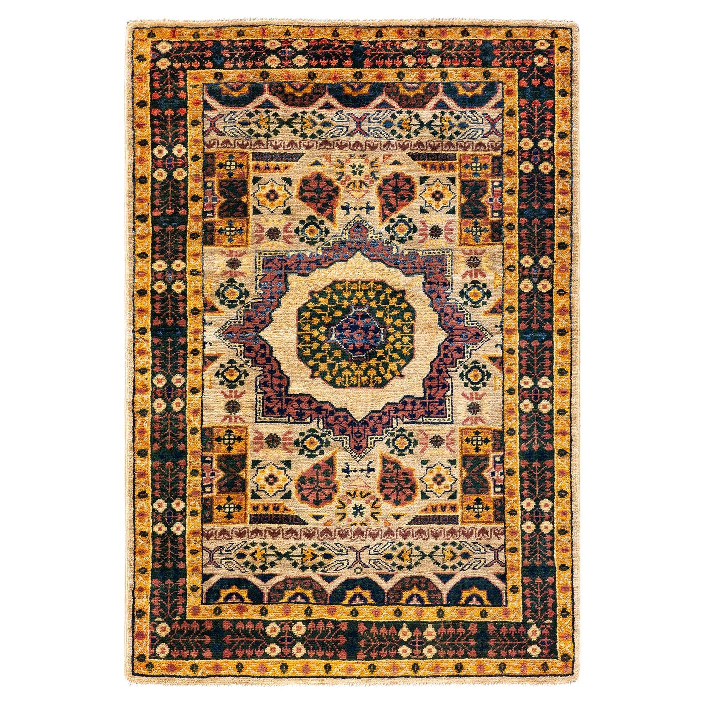 One of a Kind Hand Knotted Traditional Tribal Serapi Yellow Area Rug For Sale
