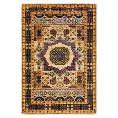 One of a Kind Hand Knotted Traditional Tribal Serapi Yellow Area Rug