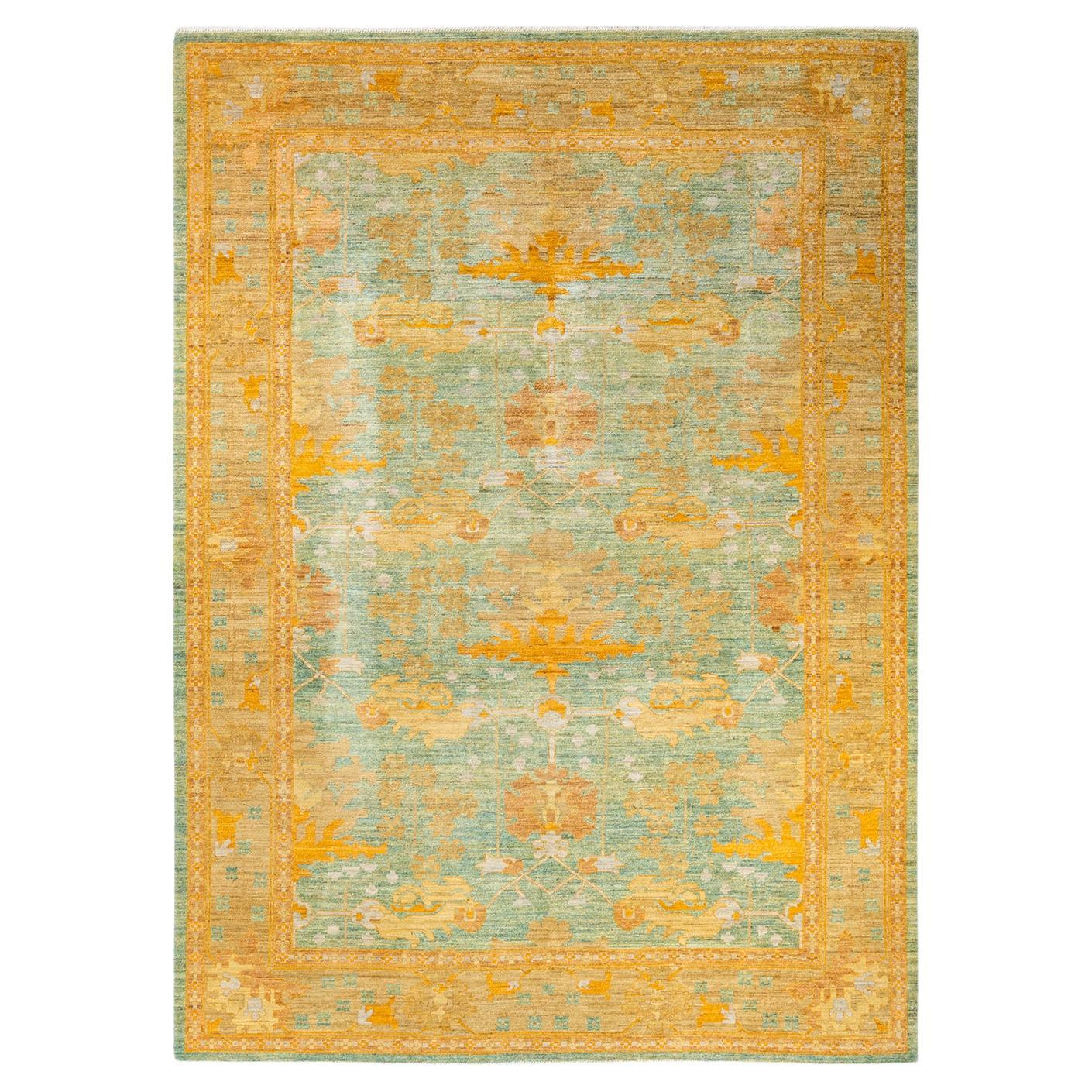 One-of-a-kind Hand Knotted Tribal Arts & Crafts Green Area Rug For Sale