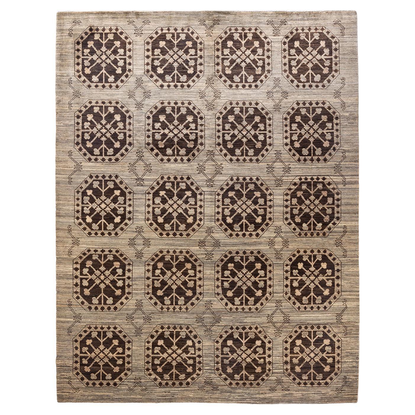 One-of-a-kind Hand Knotted Tribal Eclectic Ivory Area Rug For Sale