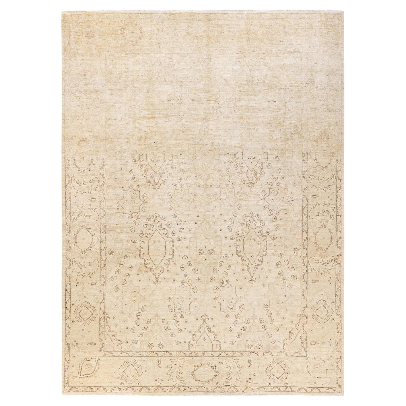 One-Of-A-Kind Hand Knotted Tribal Eclectic Ivory Area Rug 8' 6" x 11' 5" For Sale