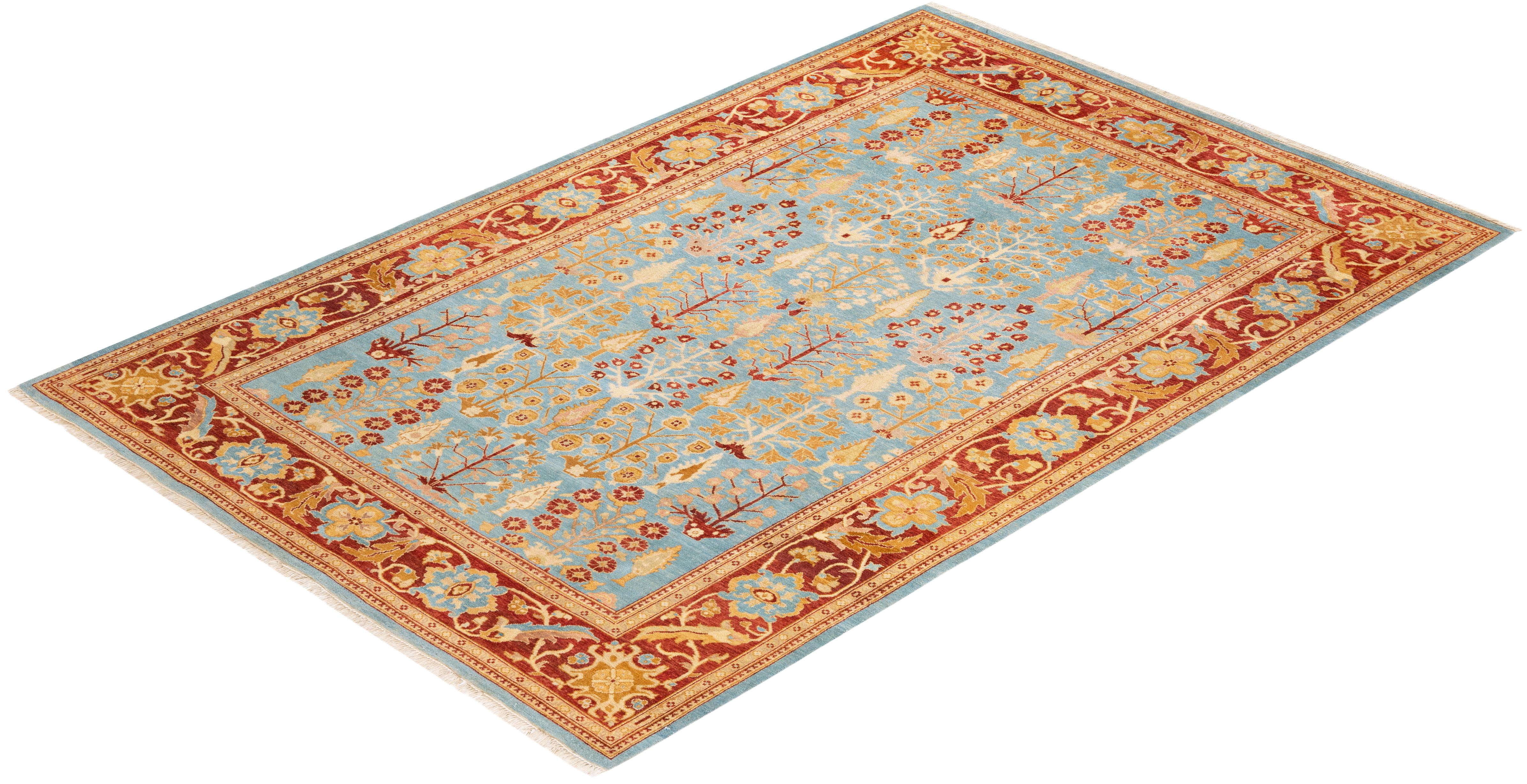 One-of-a-kind Hand Knotted Tribal Eclectic Light Blue Area Rug For Sale 2