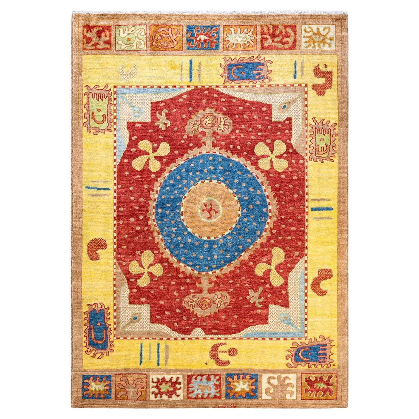 Tapis jaune tribal moderne noué à la main unique en son genre, de 1,80 m x 2,80 m en vente