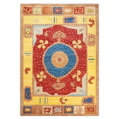 Alfombra tribal moderna amarilla anudada a mano, única en su género 2 x 10 cm