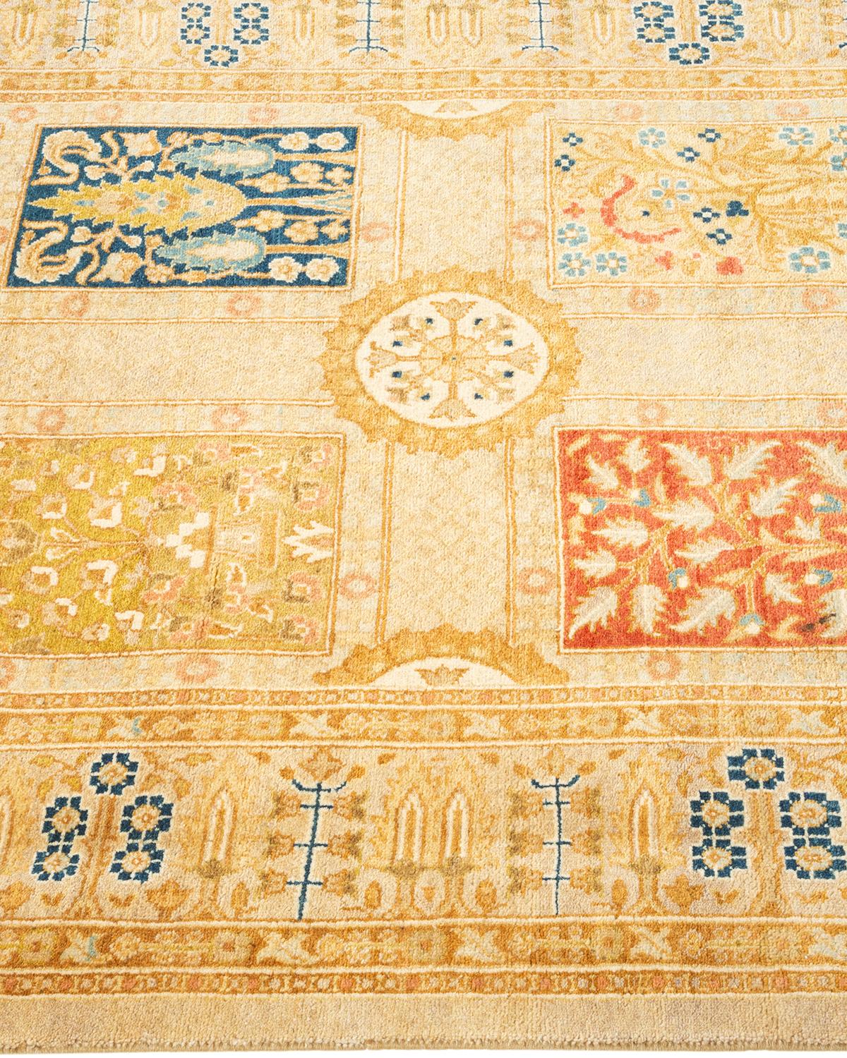 One-of-a-kind Hand Knotted Tribal Mogul Ivory Area Rug In New Condition For Sale In Norwalk, CT