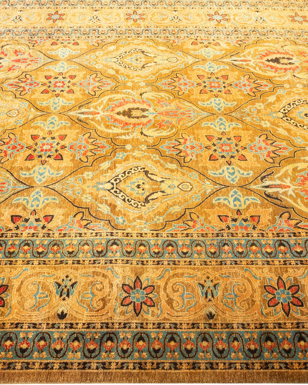 One-of-a-kind Hand Knotted Tribal Mogul Yellow Area Rug In New Condition For Sale In Norwalk, CT