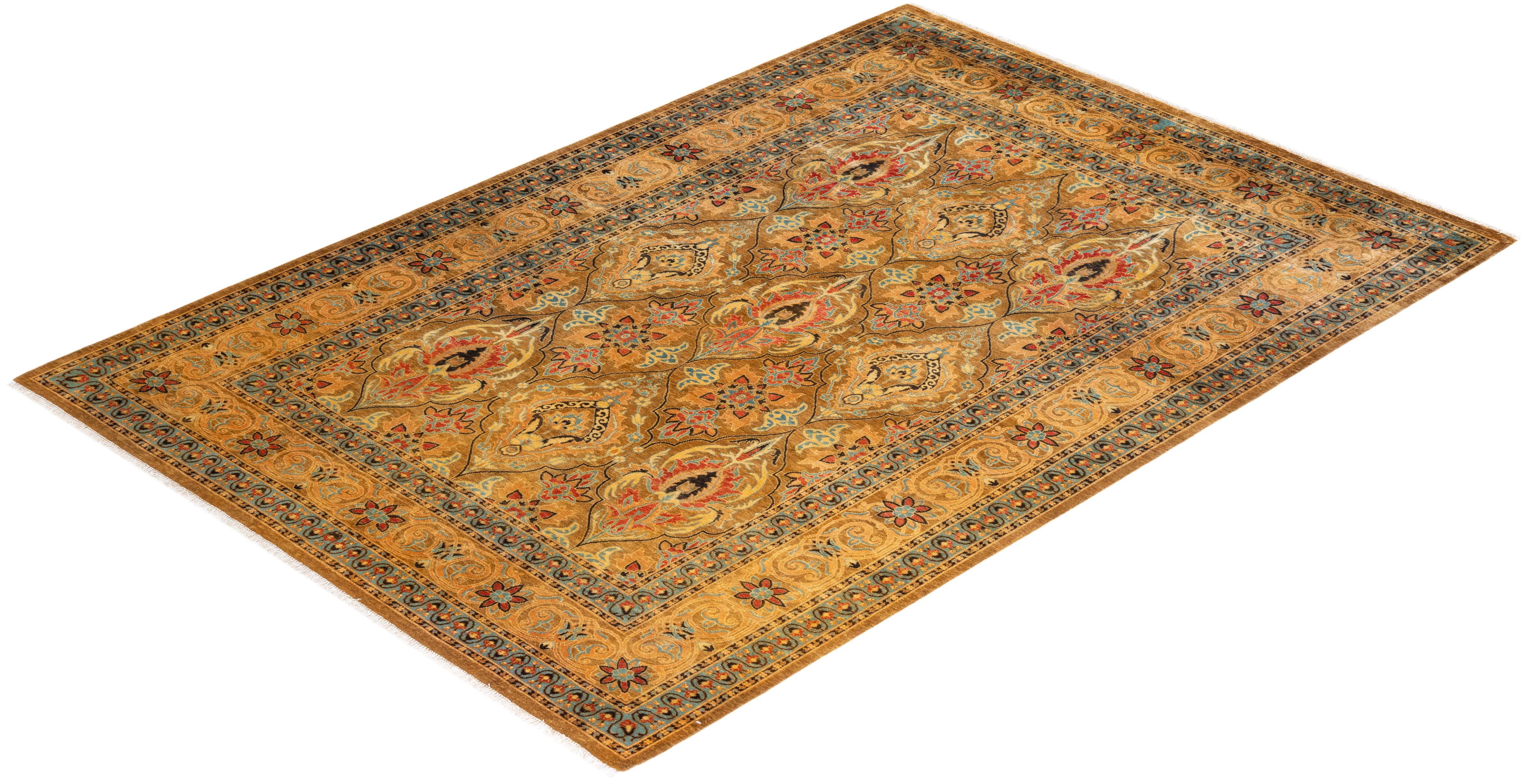 One-of-a-kind Hand Knotted Tribal Mogul Yellow Area Rug For Sale 2