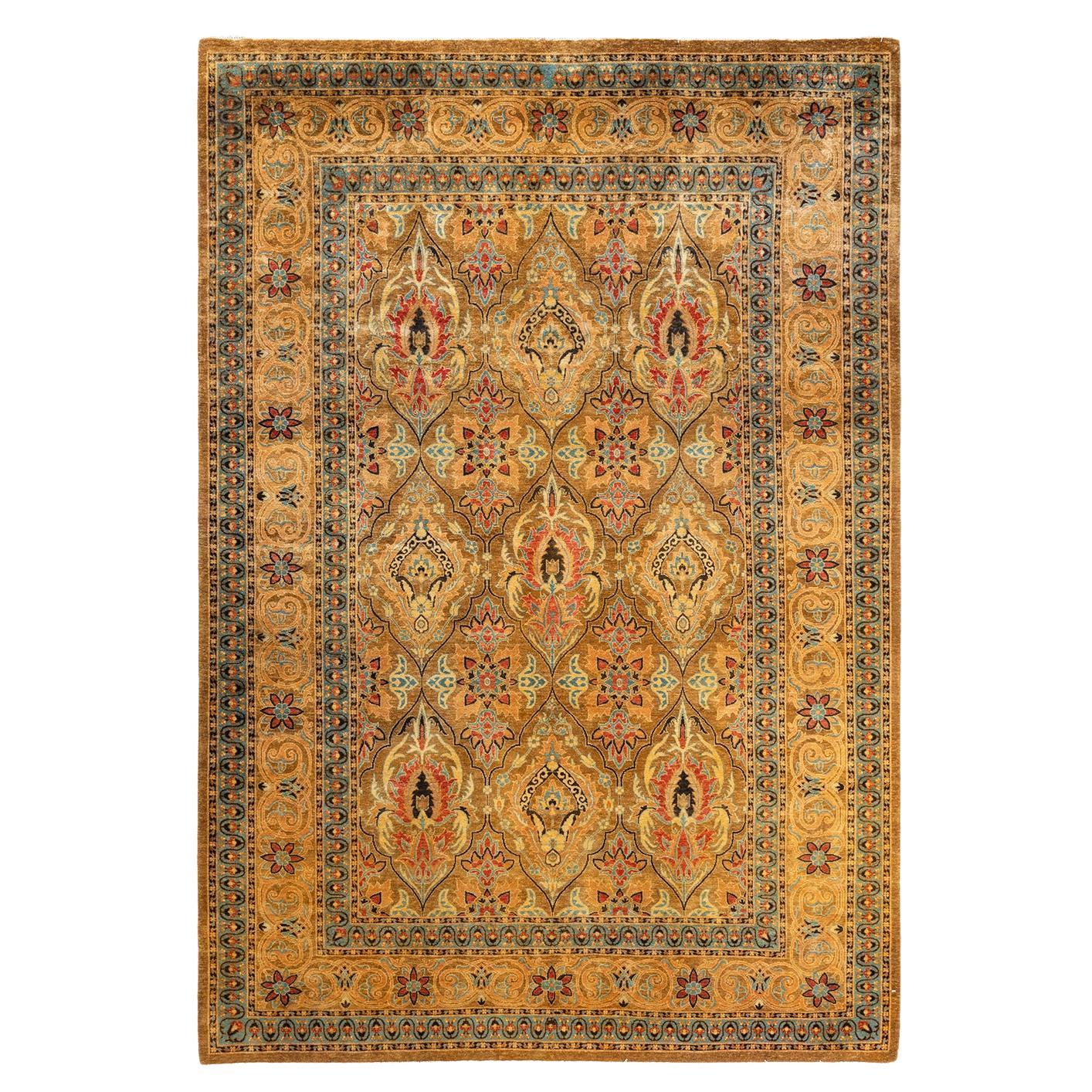 One-of-a-kind Hand Knotted Tribal Mogul Yellow Area Rug For Sale