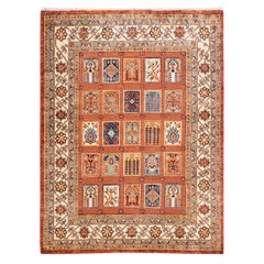 Handgeknüpfter orangefarbener Teppich mit Stammesmotiven, Unikat