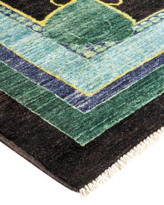 Tapis noir Arts & Crafts en laine nouée à la main, unique en son genre