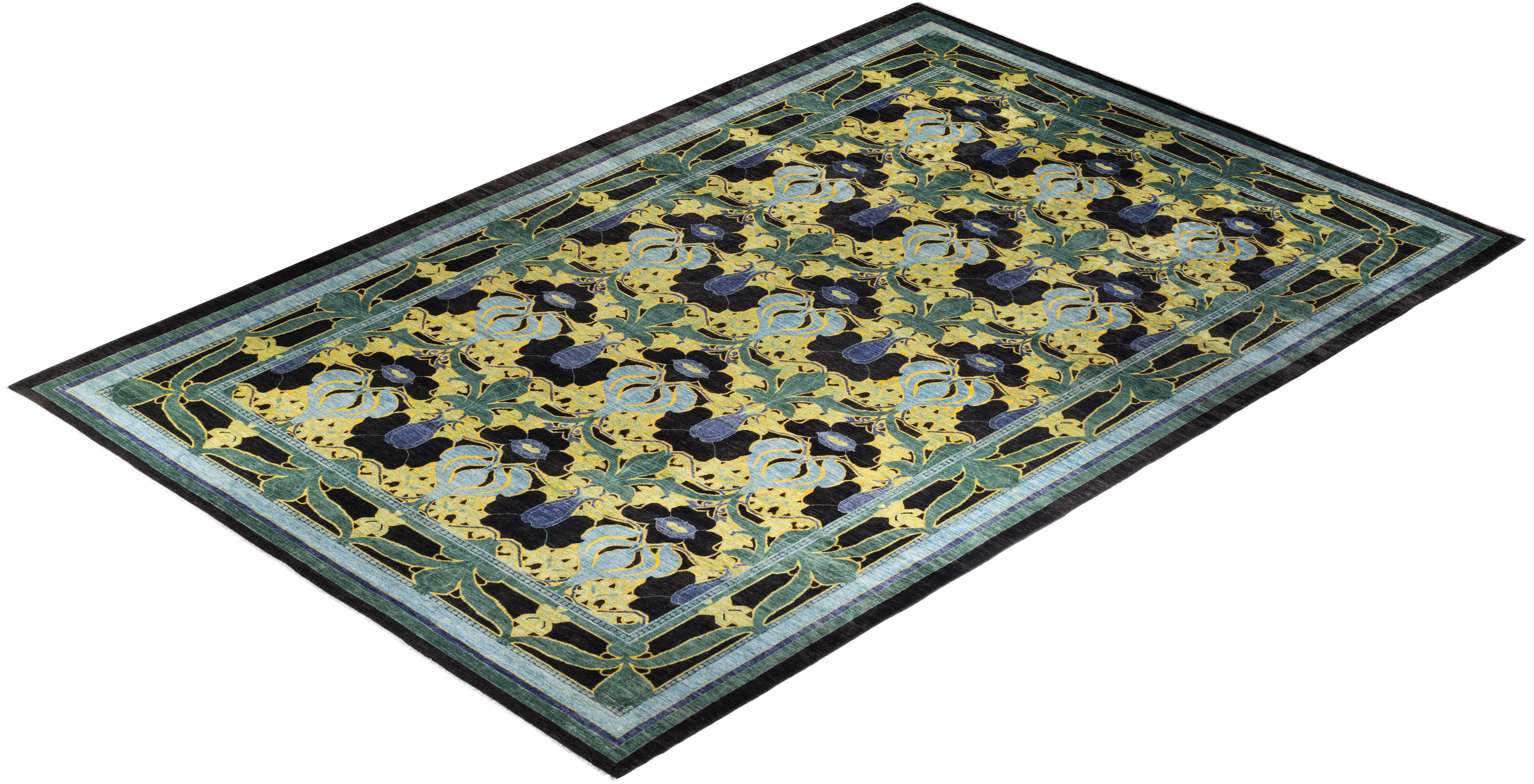 One-of-a-kind Hand Knotted Wool Arts & Crafts Black Area Rug For Sale 3