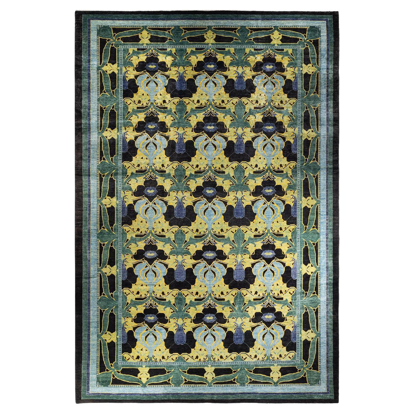 One-of-a-kind Hand Knotted Wool Arts & Crafts Black Area Rug For Sale