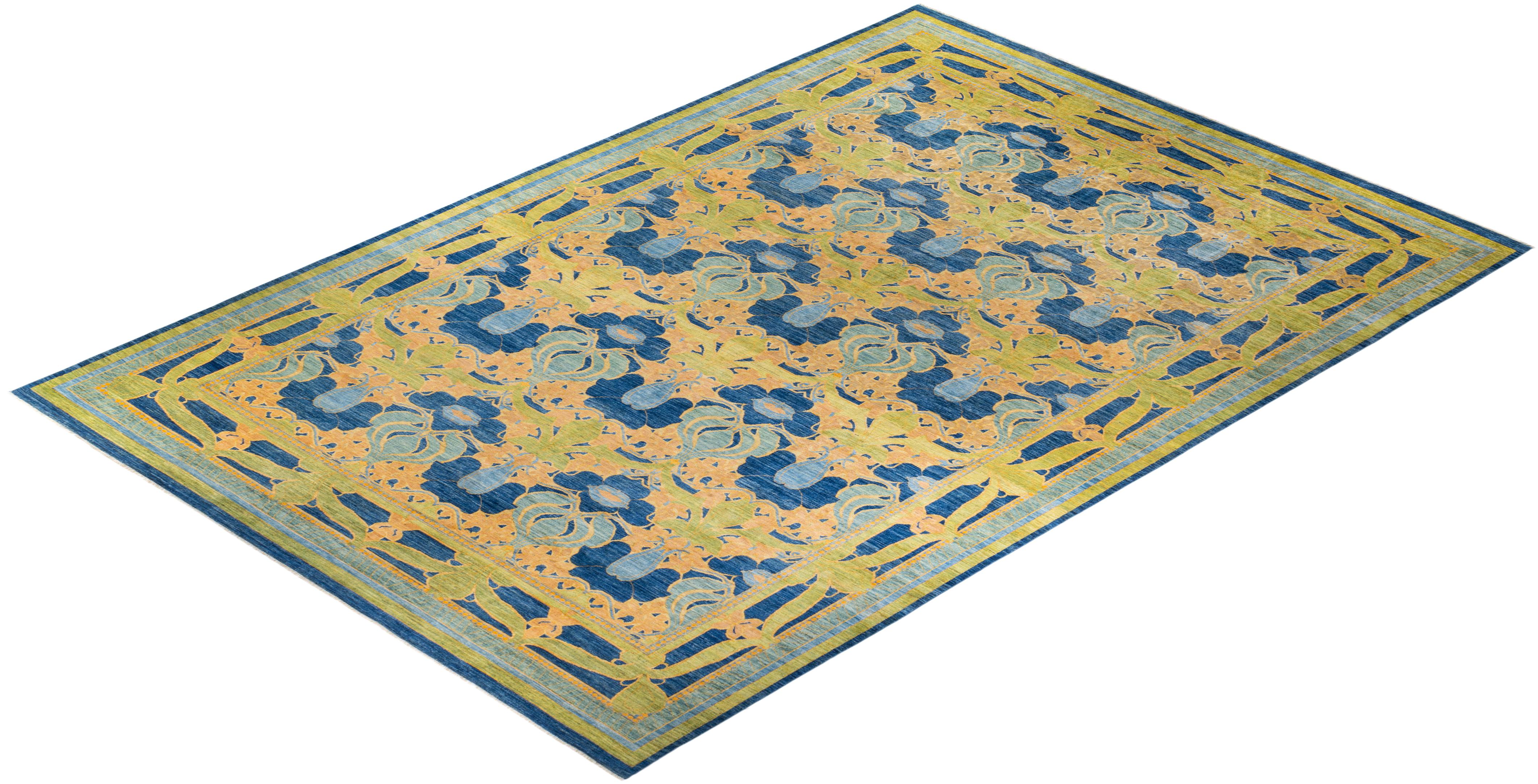 One-of-a-kind Hand Knotted Wool Arts & Crafts Blue Area Rug For Sale 3