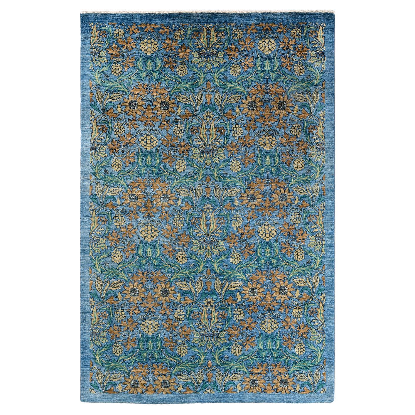 One-of-a-kind Hand Knotted Wool Arts & Crafts Blue Area Rug For Sale