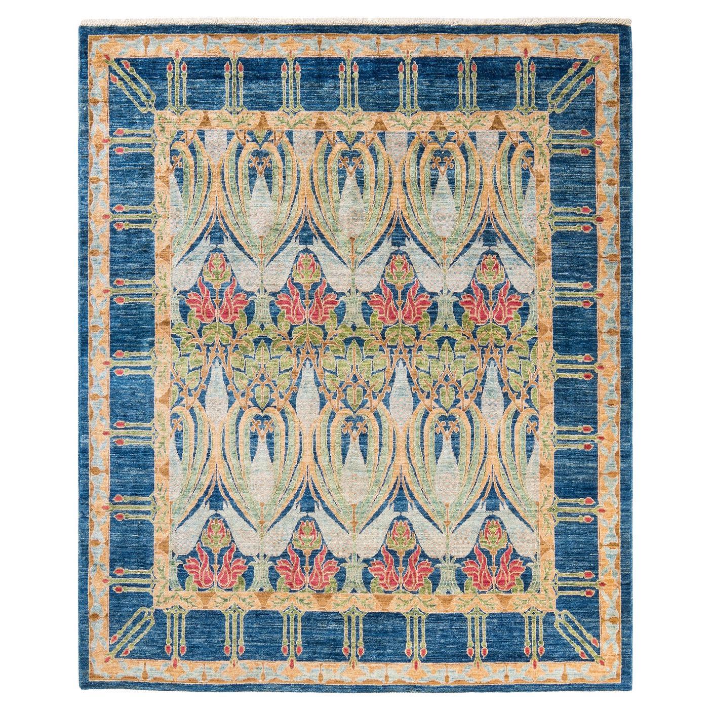 Oneofakind Hand Knotted Wool Arts and Crafts Blue Area Rug For Sale