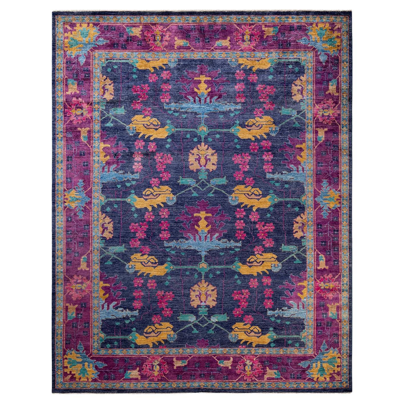 Oneofakind Hand Knotted Wool Arts and Crafts Blue Area Rug For Sale