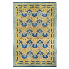 Alfombra única de lana anudada a mano Arts & Crafts Azul