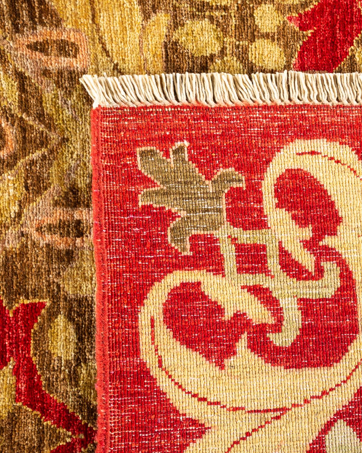 XXIe siècle et contemporain Tapis vert Arts & Crafts en laine nouée à la main, unique en son genre en vente