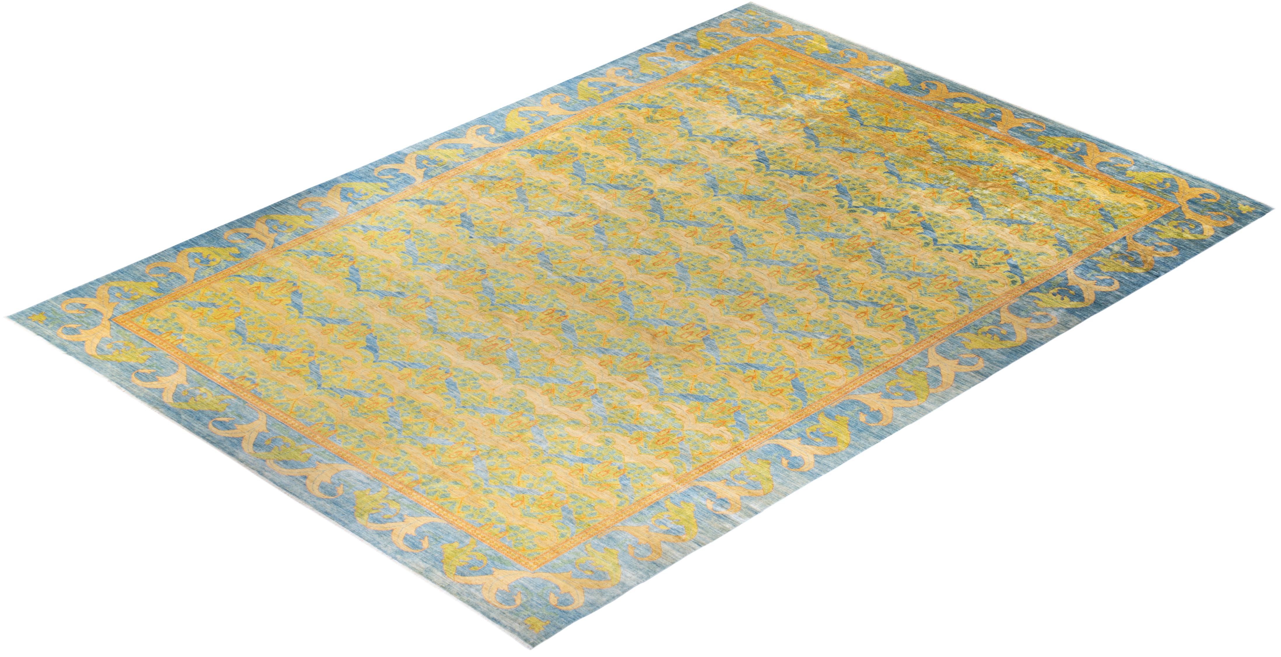 One-of-a-kind Hand Knotted Wool Arts & Crafts Light Blue Area Rug For Sale 3