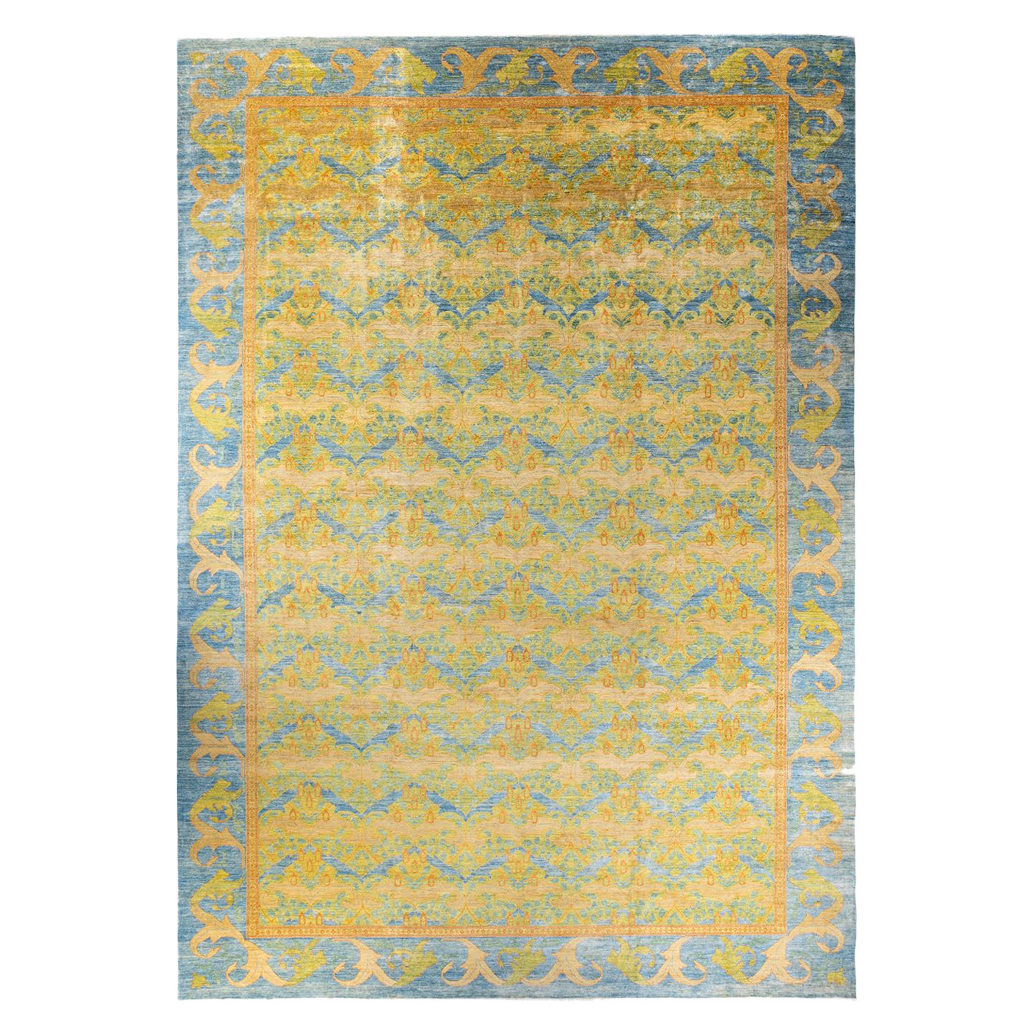 Tapis Arts & Crafts bleu clair en laine noué à la main, unique en son genre