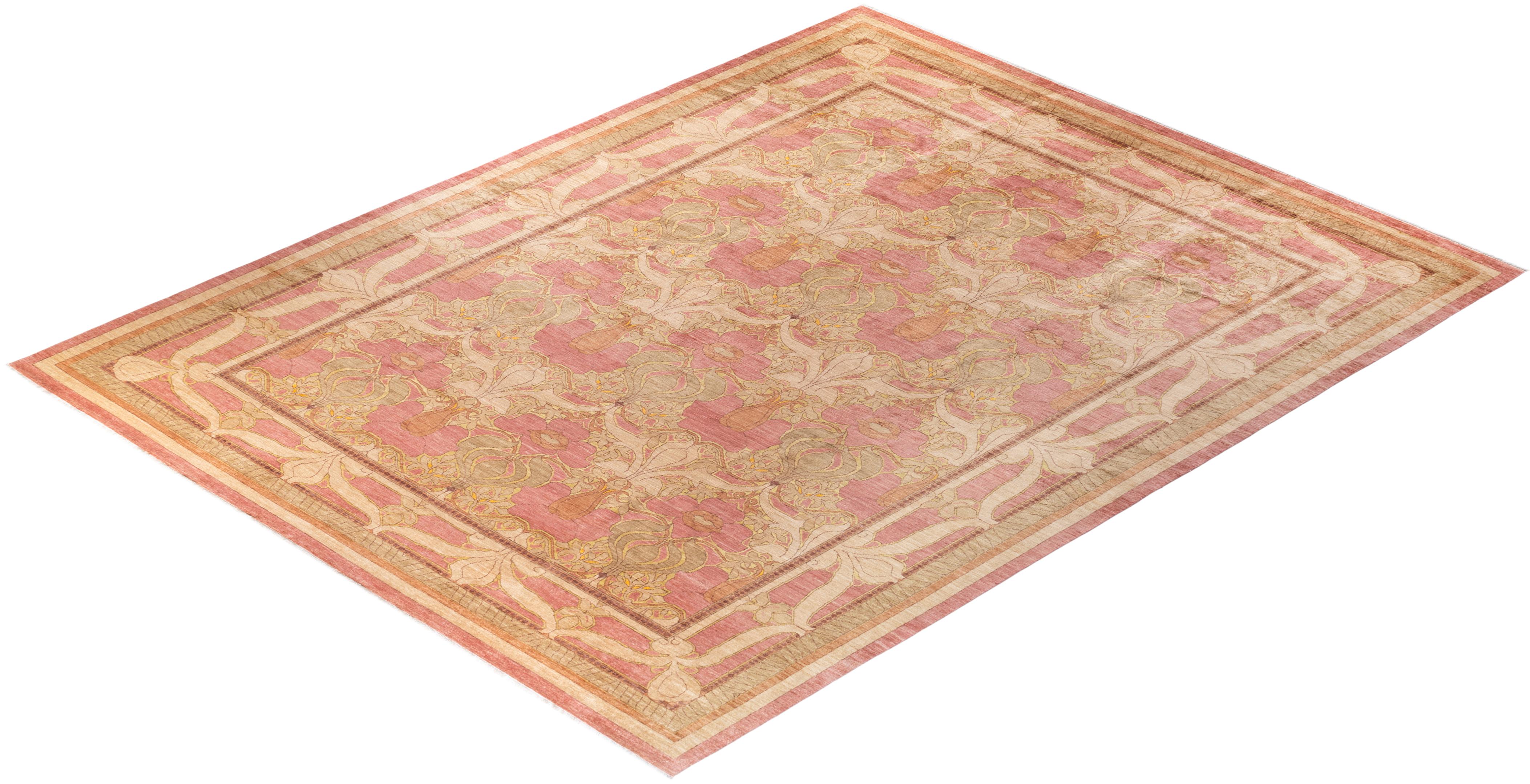 One-of-a-kind Hand Knotted Wool Arts & Crafts Pink Area Rug For Sale 3