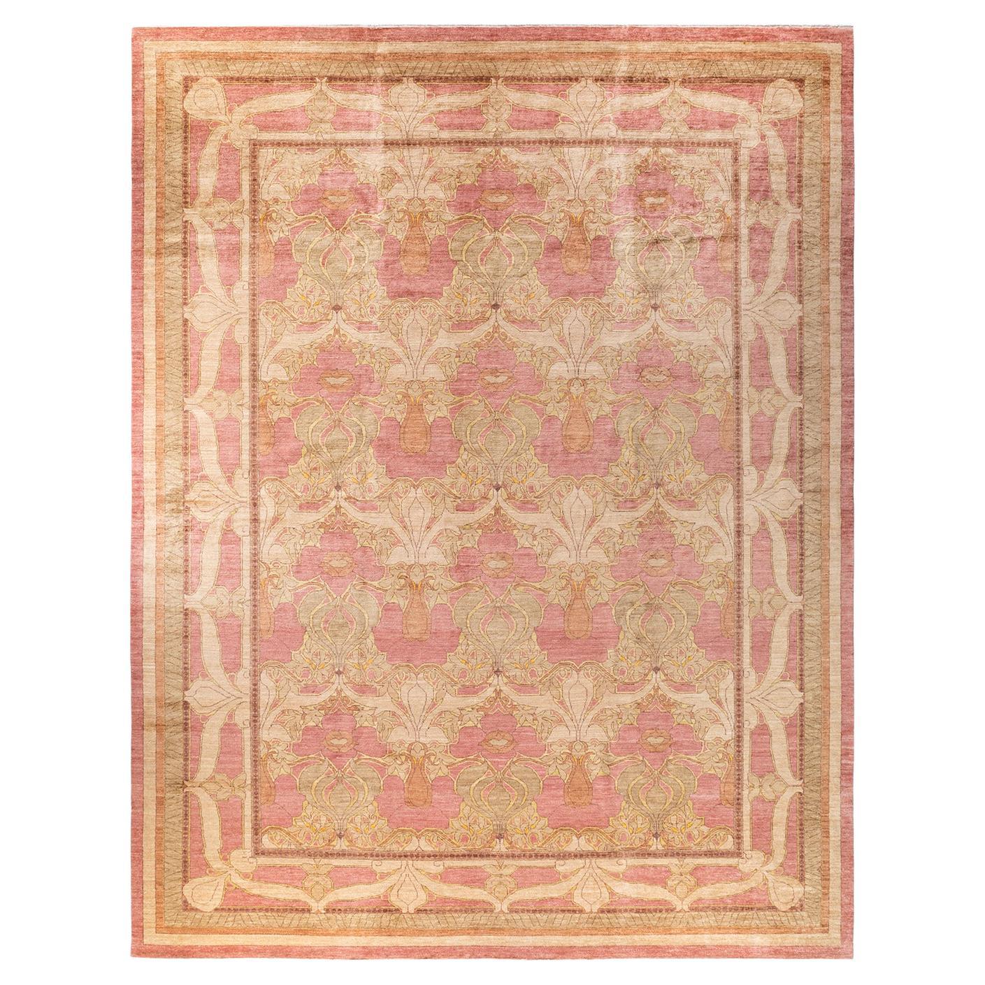 One-of-a-kind Hand Knotted Wool Arts & Crafts Pink Area Rug For Sale