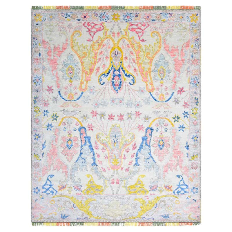Contemporary Area Rug in Ivory, Handmade of Silk - Wool,