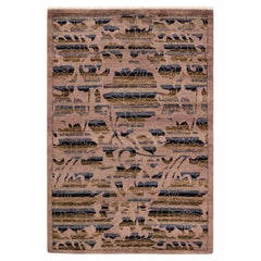 Tapis de zone beige éclectique en laine nouée à la main, unique en son genre