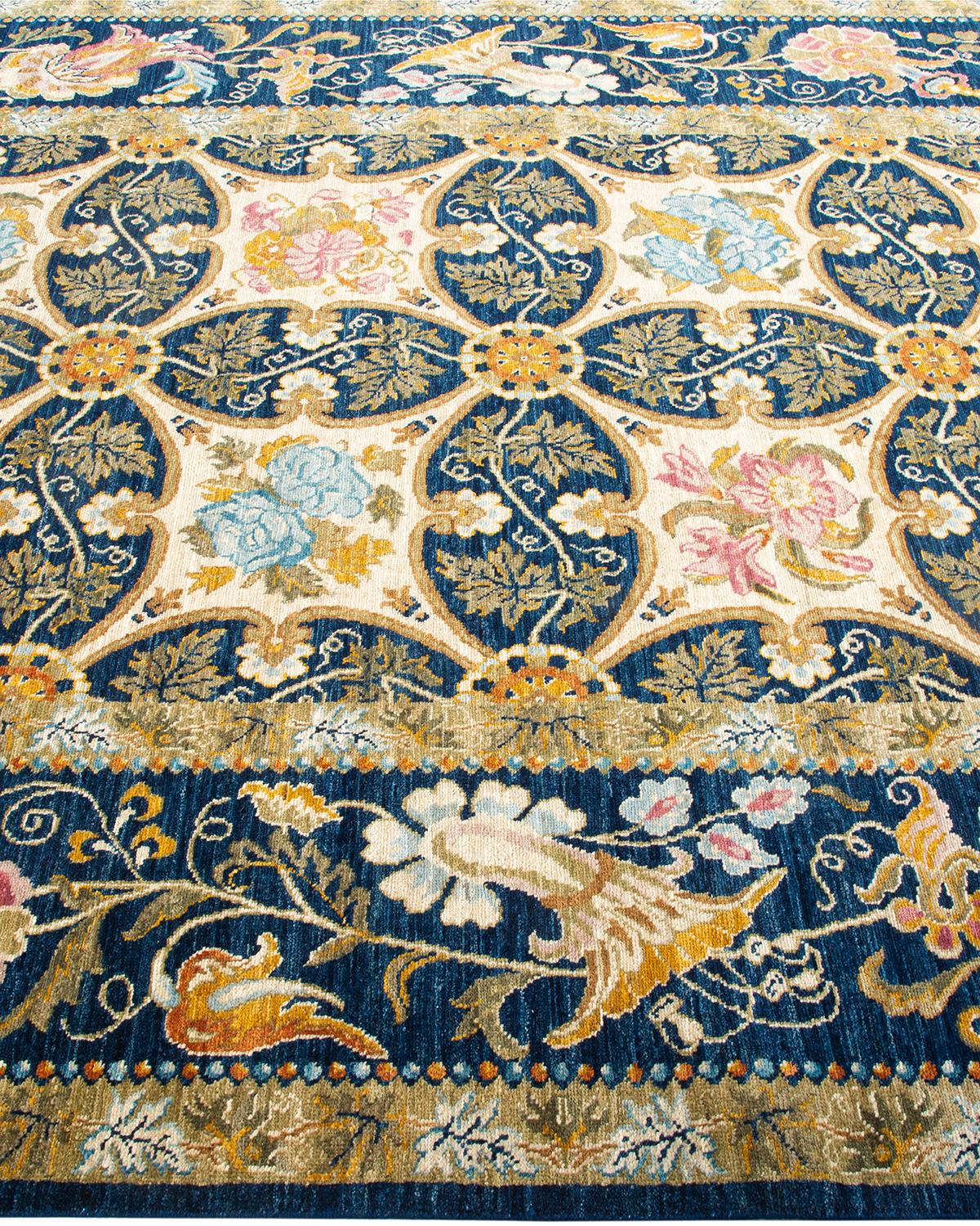 One-of-a-kind Hand Knotted Wool Eclectic Blue Area Rug In New Condition For Sale In Norwalk, CT