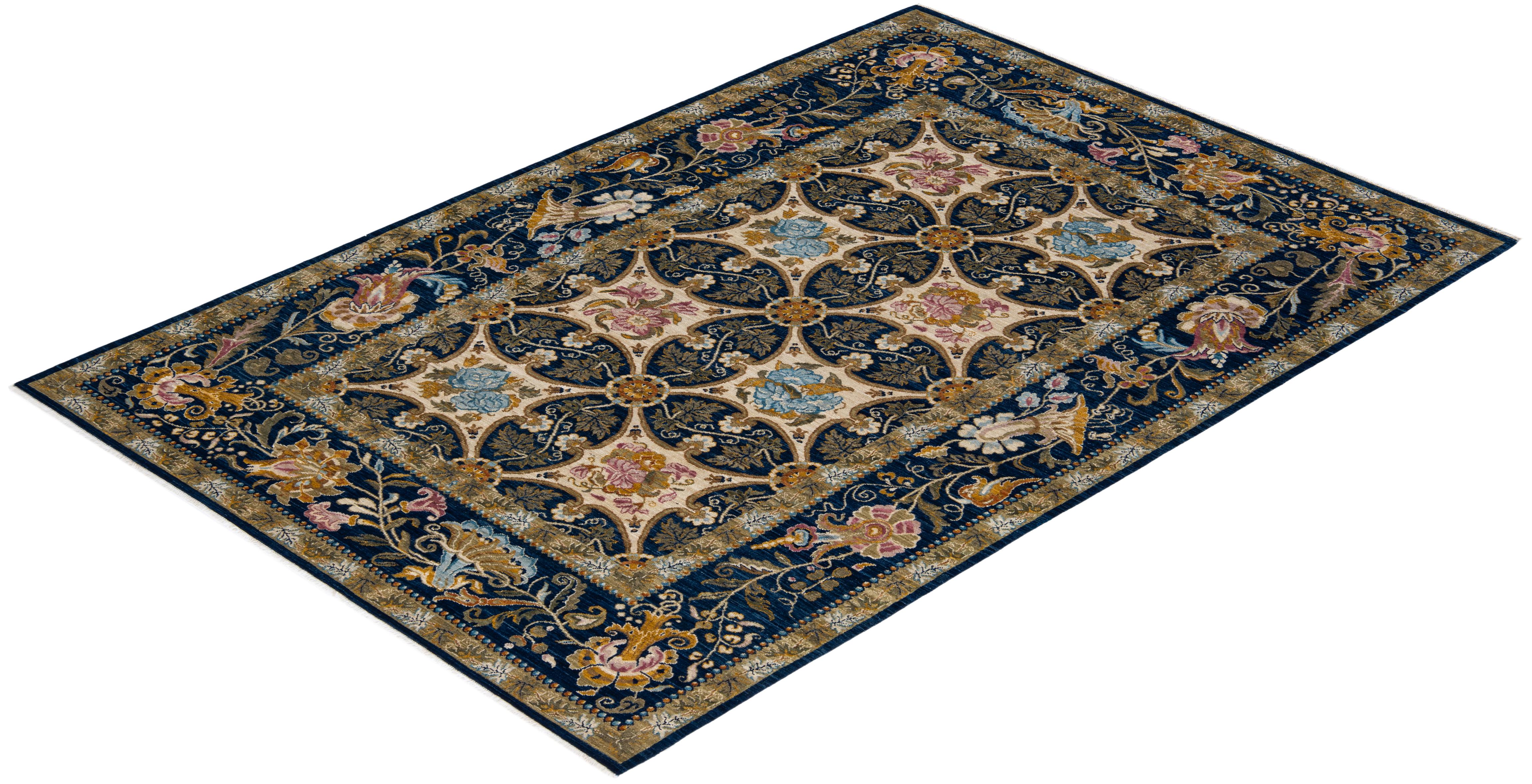 One-of-a-kind Hand Knotted Wool Eclectic Blue Area Rug For Sale 3