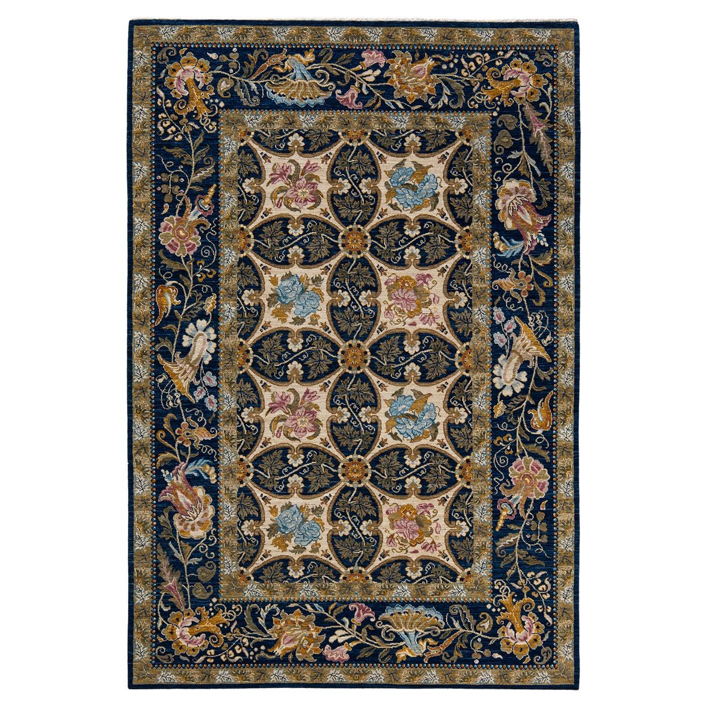 One-of-a-kind Hand Knotted Wool Eclectic Blue Area Rug For Sale